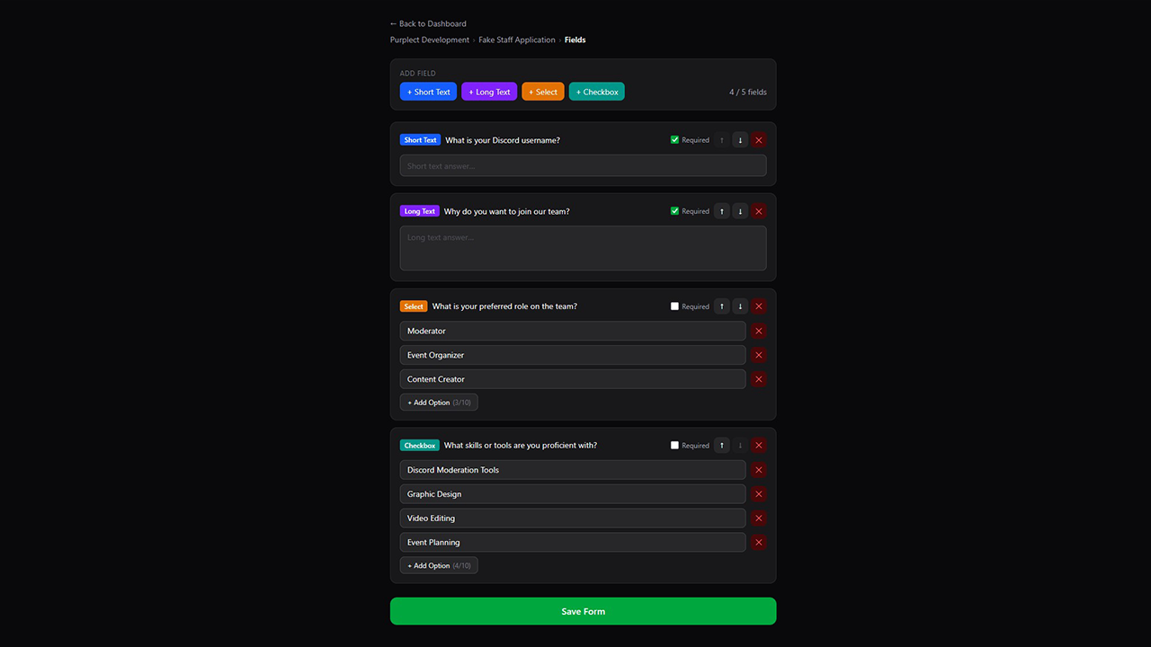 Applications Forms Discord Bot Dashboard Screenshot
