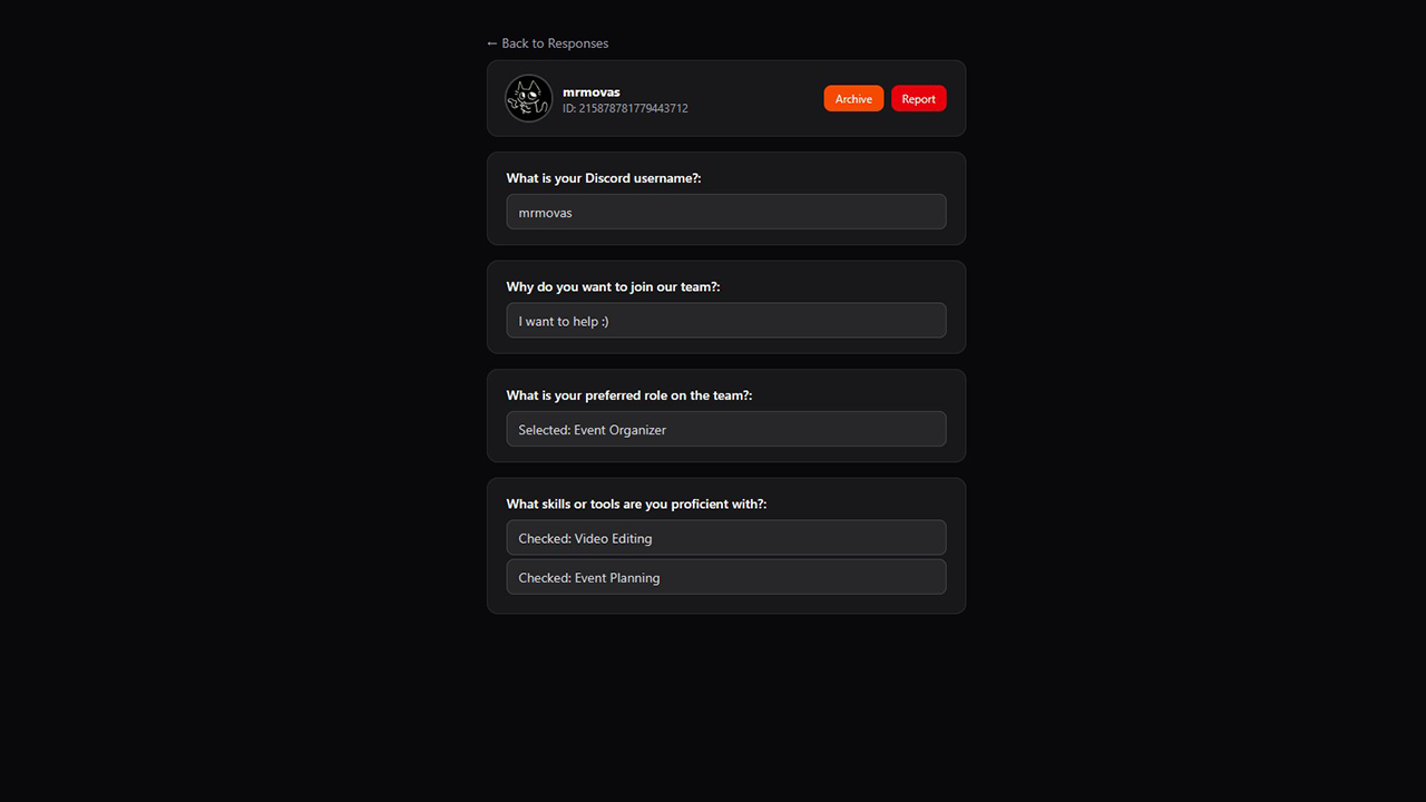 Applications Forms Discord Bot Dashboard Screenshot