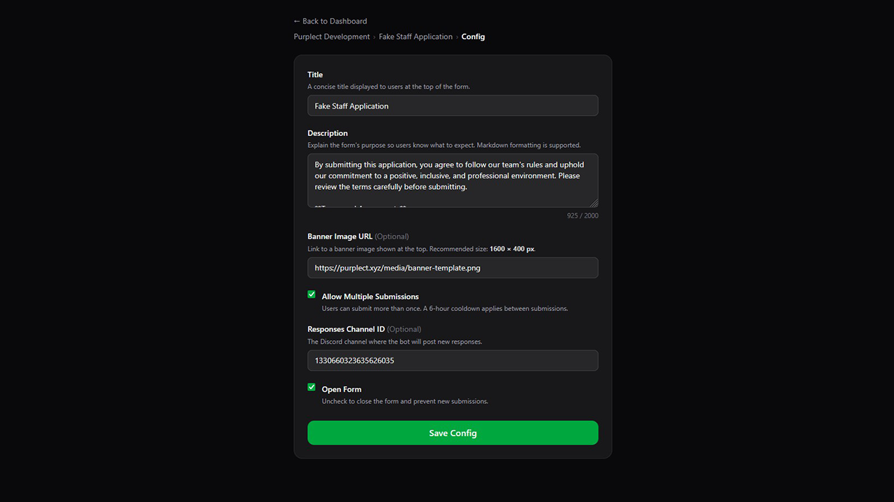 Applications Forms Discord Bot Dashboard Screenshot